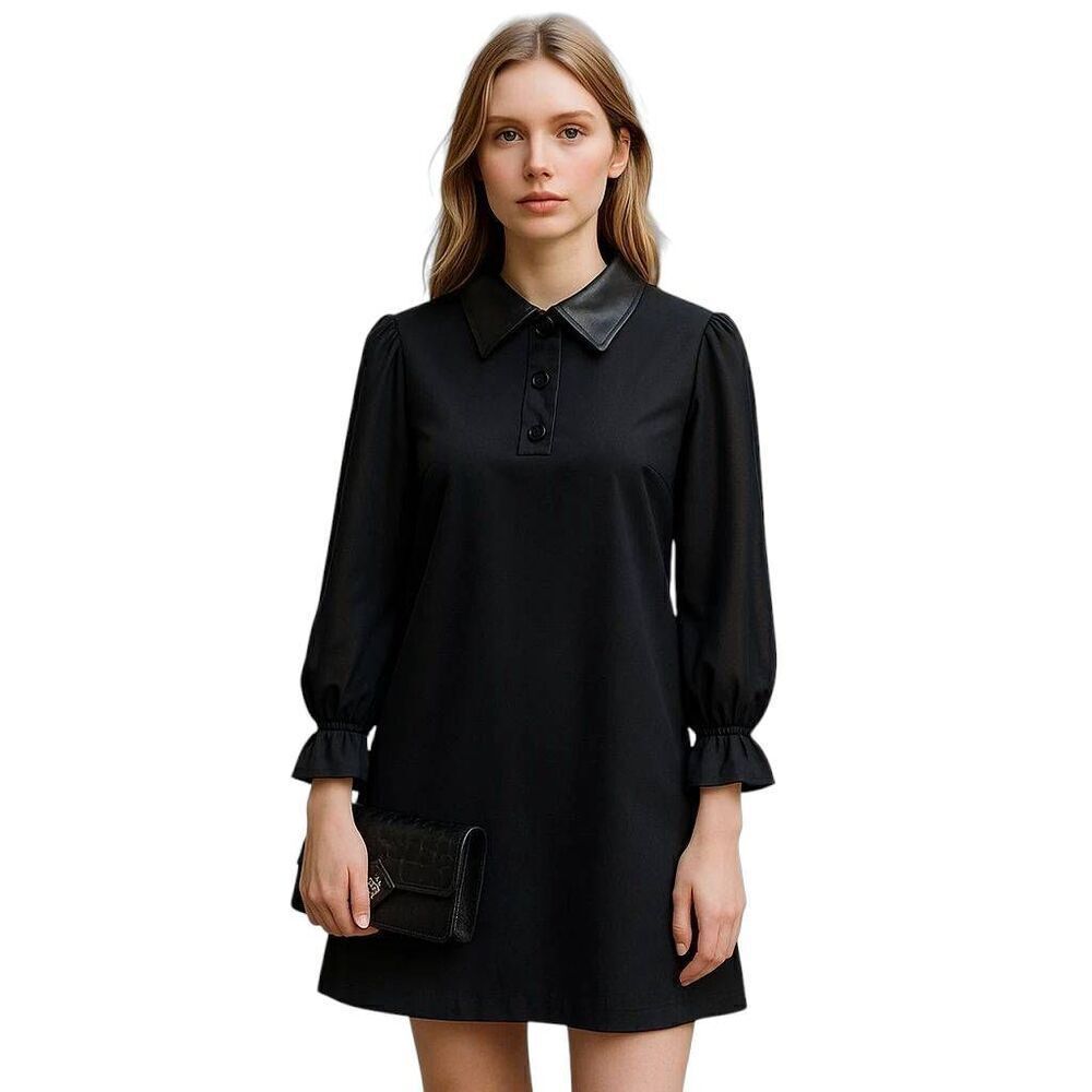 Shelby & Palmer Faux Leather Collar Button Up Sheer Blousy Sleeves Black Dress